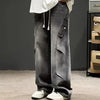 Mens Pleated Patchwork Jeans Parachute Style Oversized Retro Straight