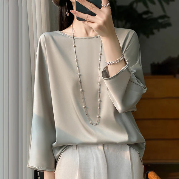 Womens Satin Blouse Three Quarter Sleeve Loose Fit Silk Top