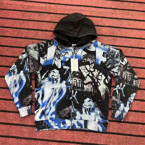 Washed Green Hoodie Unisex Zip Up Cartoon Print Sweatshirt Jacket