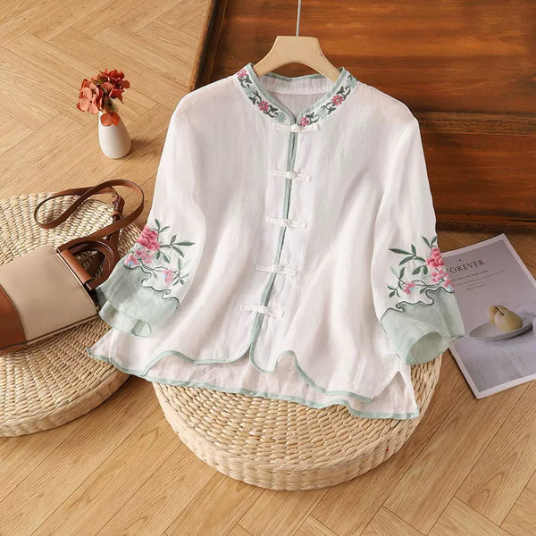 Womens Vintage Embroidered Top Cotton Linen Loose Summer Shirt