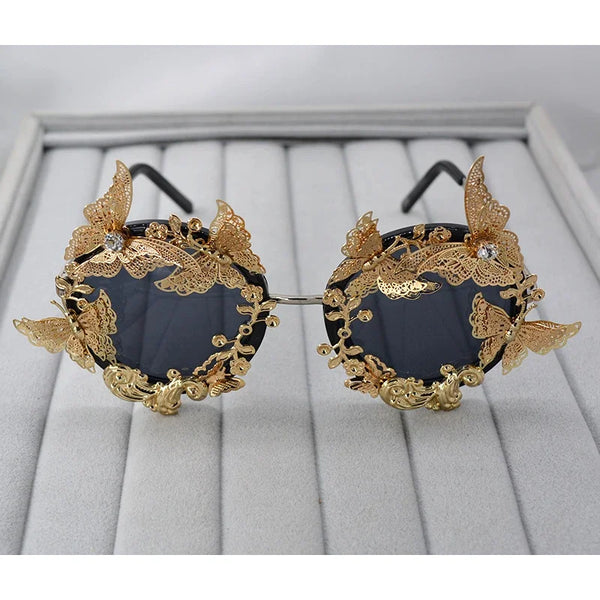 Luxury Round Baroque Sunglasses Metal Flower Women's Eyewear