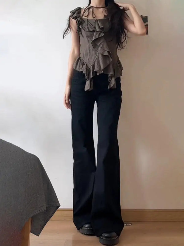 Low Waist Flared Jeans Women Retro Micro Flare Wide Leg Pants