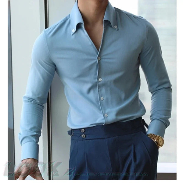 Mens Italian Collar Shirt Wrinkle Free Slim Fit Casual Dress