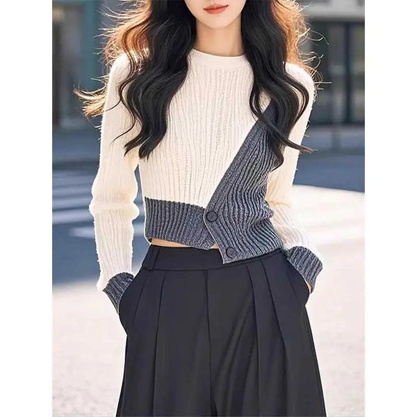 Womens Color Block Knit Pullover Button Front O Neck Office Top