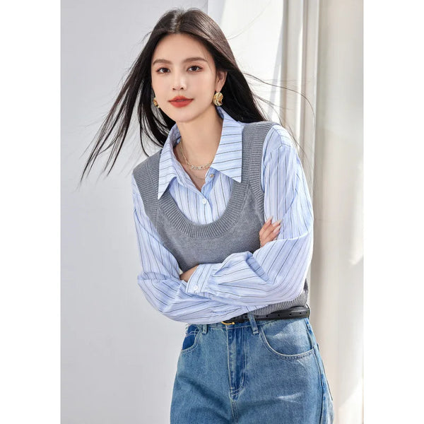 Womens Striped Knit Polo Shirt Two Piece Set Elegant Office Autumn