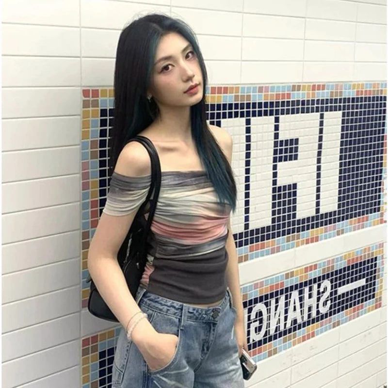 Women’s Tie-Dye Mesh Sheer Off Shoulder Crop Top Summer Tee