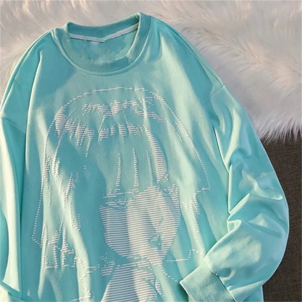 American Style Anime Cartoon Girl Dark Print Loose Round Neck Sweater