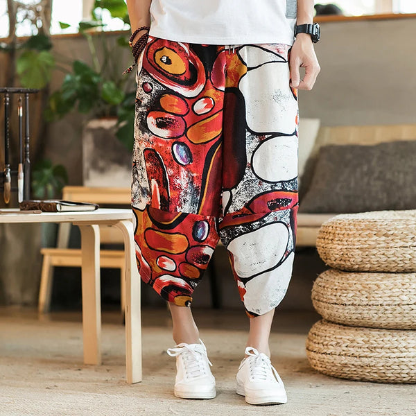 Harajuku Summer Loose Calf Length Casual Pants Cotton Linen Baggy Pants