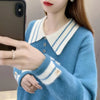 Womens Color Block Sweater Collared Pullover Office Work Knit Top