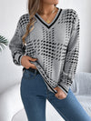 Womens Colorblock V Neck Sweater Lantern Sleeve Striped Knit Top