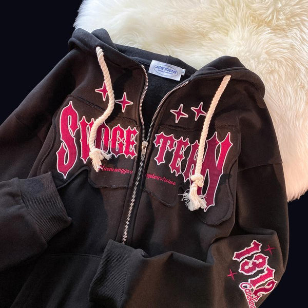 Oversized Y2K Hoodie Vintage Retro Full Zip Up Pullover Harajuku Hoodie