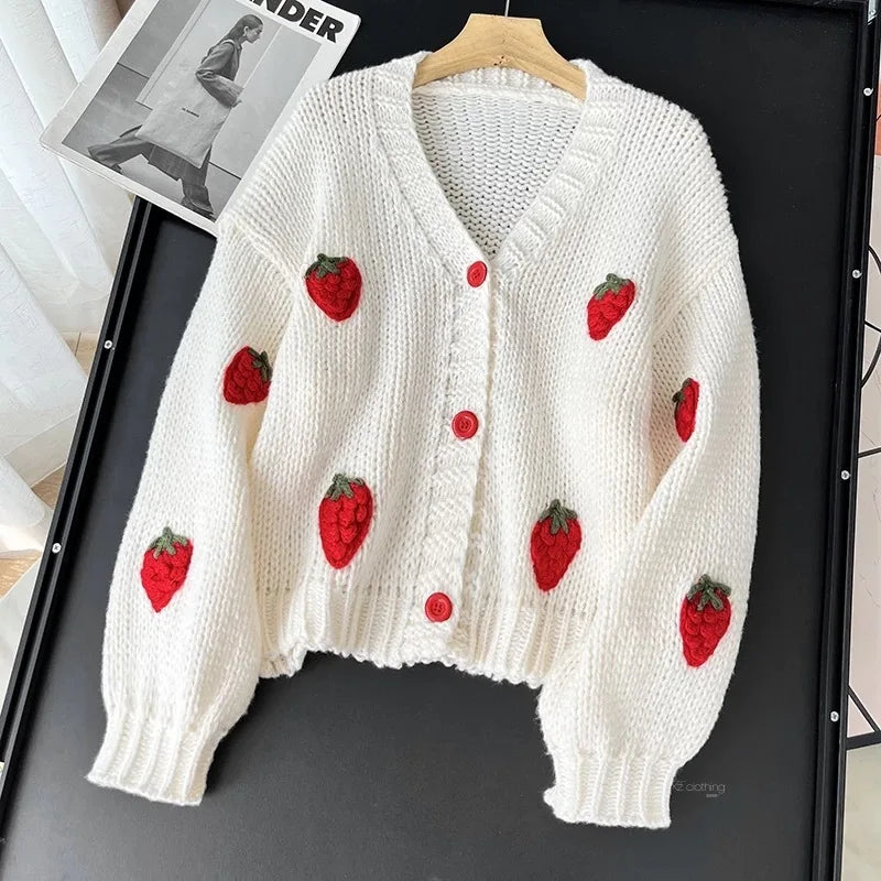 Women's V-Neck Knitted Cardigan Retro Strawberry Embroidered Sweater