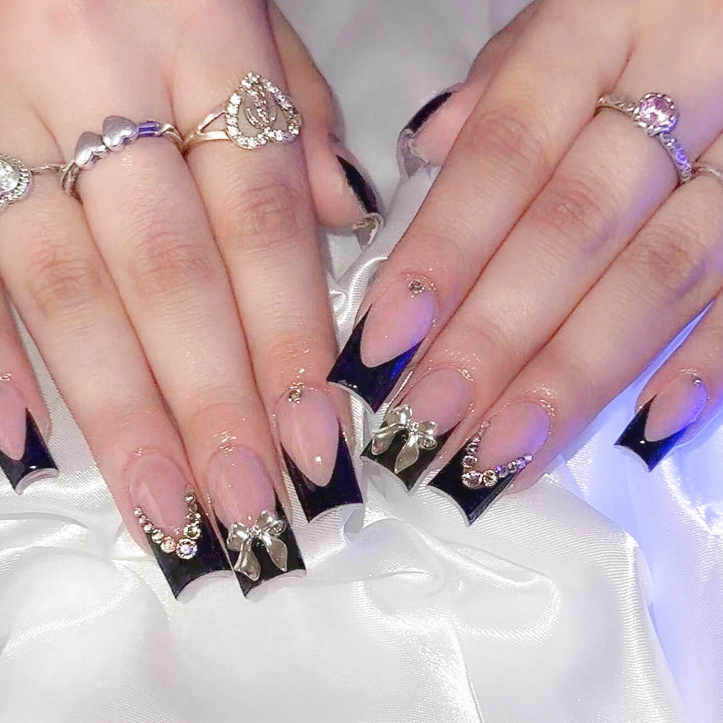 Black French Tip Nails Chic Diamond Coffin Press