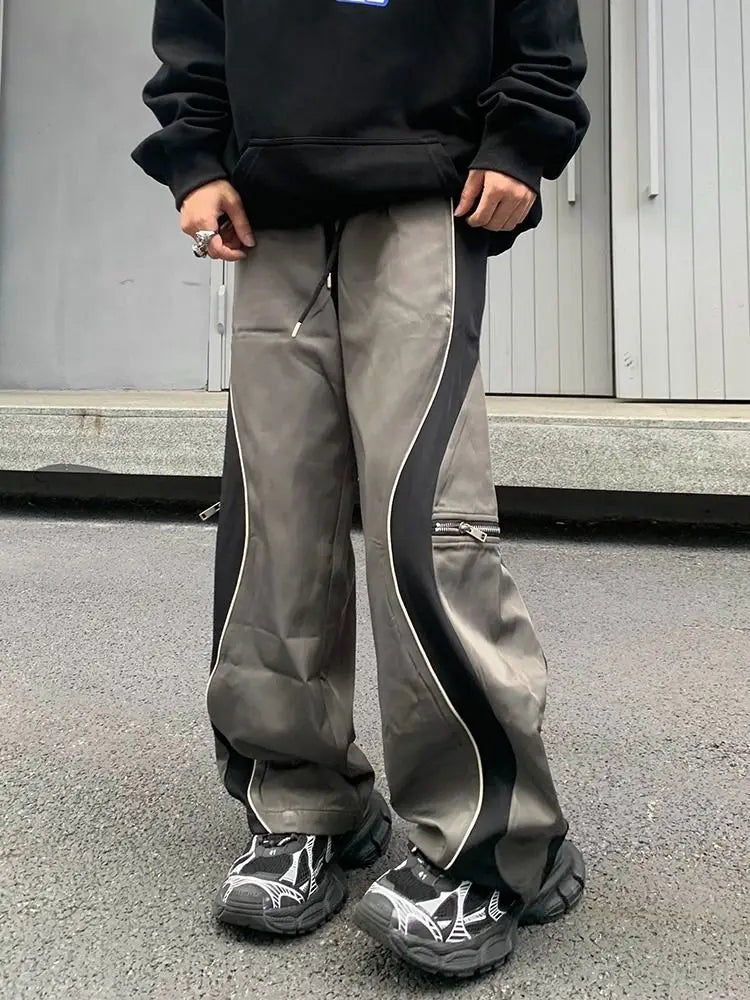 Men's Retro Hip Hop Contrast Pants Straight Leg Functional Trousers