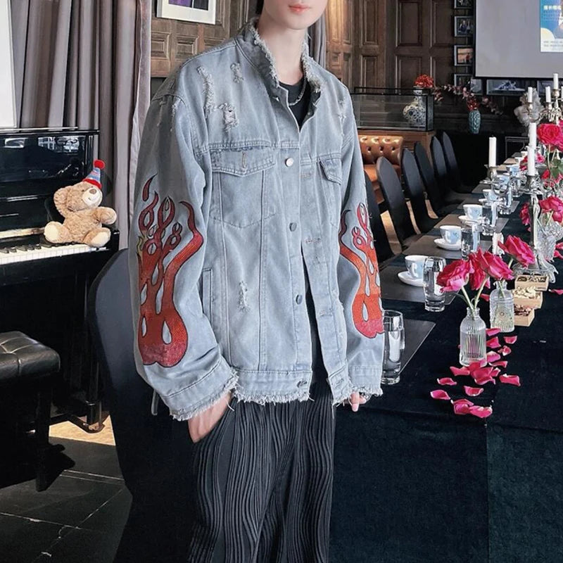 Men Ripped Flame Embroidered Denim Jacket