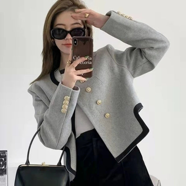 Gray Asymmetric Blazer Women Wool Blend Short Jacket Spring 2025