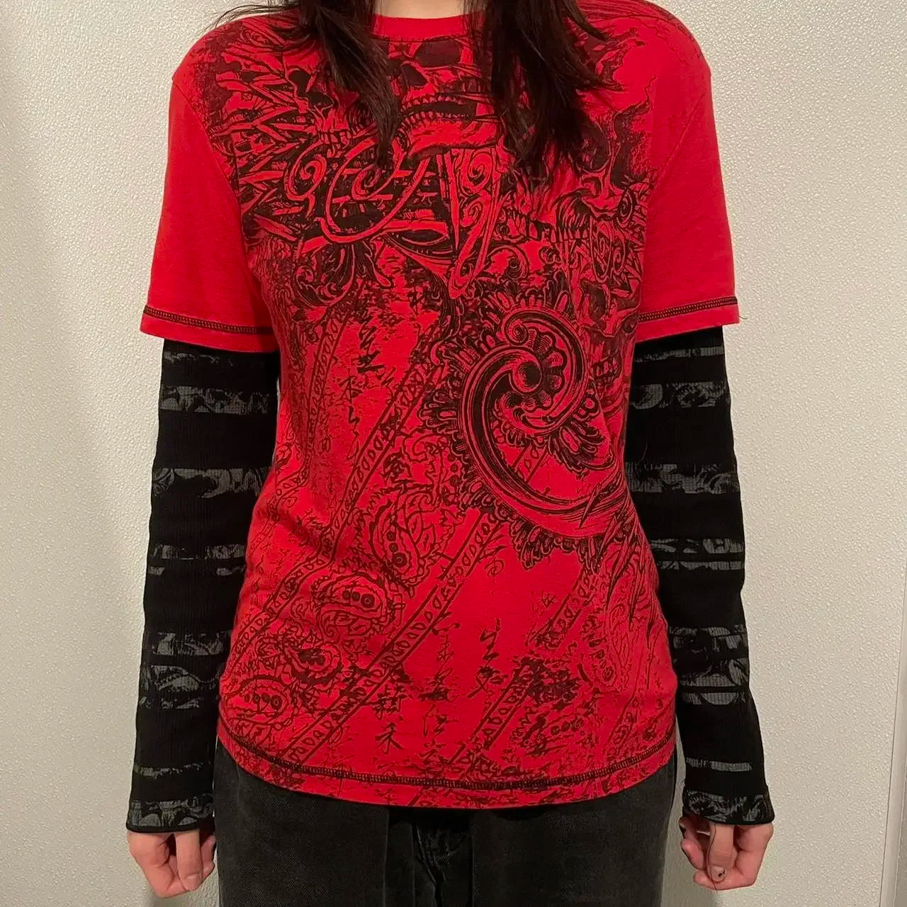 Women’s Grunge Abstract Print Fake Two-Piece Loose Long Sleeve Top