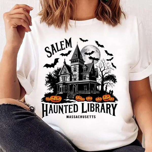 Gothic Haunted Library Tee Vintage Salem Print Halloween Shirt