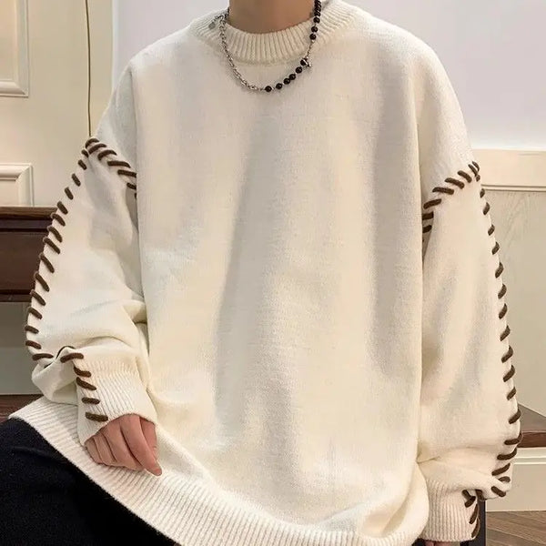 Mens Crew Neck Sweater Oversized Solid Color Knit Pullover Fall Winter