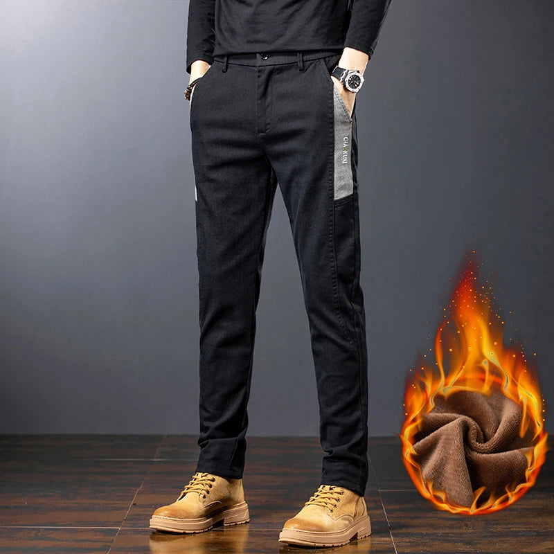 Mens Fleece Lined Thermal Pants Winter Warm Straight Fit Trousers