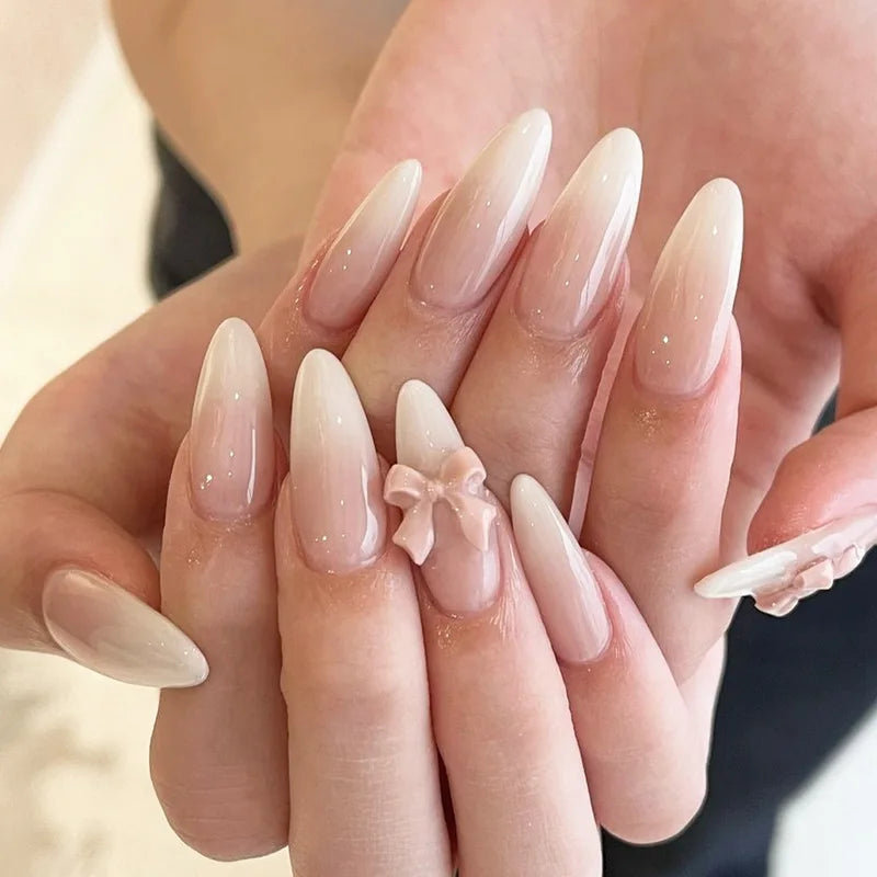 Long Almond Fake Nails 3D Bowknot Nude Press On