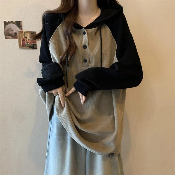 Womens Button Patchwork Hoodie Oversized Pullover Top Office Casual