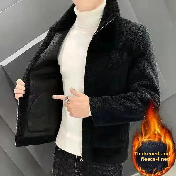Men’s Lamb Fleece Winter Jacket 2025 – Thick Warm Stand Collar Coat with Zipper Pockets