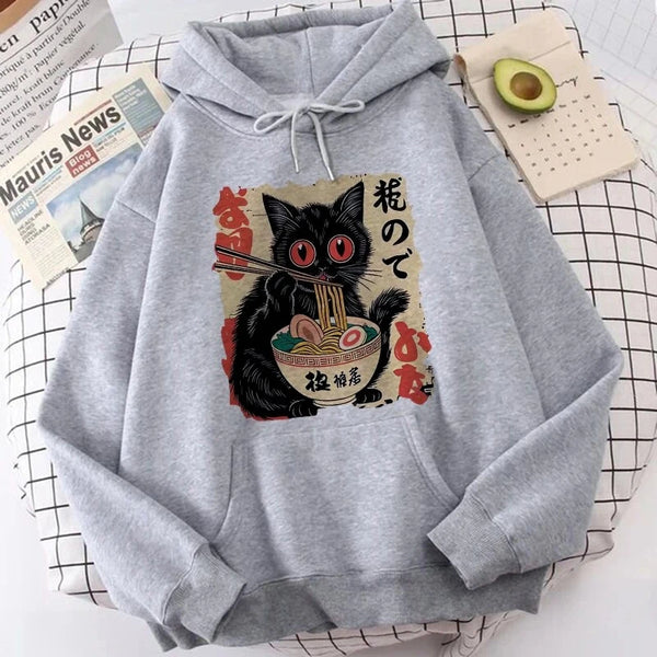 Cat Eating Ramen Hoodie Womens Plus Size Cute Graphic Sweatshirt 90s