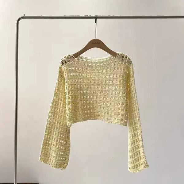 Long Sleeve Crochet Knit Top Summer Beach Bikini Cover Up Crop Pullover Wool