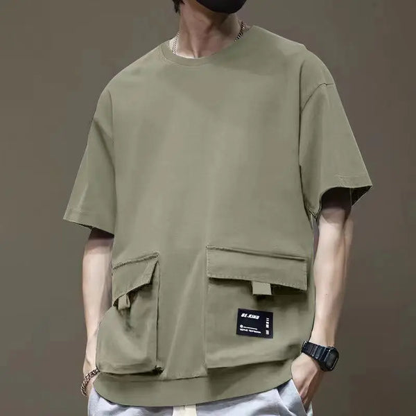 Mens Cargo Pocket Tee Oversized Dropped Shoulder Cotton T Shirt