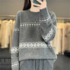 Womens Wool Sweater Jacquard Crew Neck Oversized Pullover
