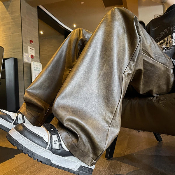 Men Windproof Leather Pants Baggy Wide Leg Trousers