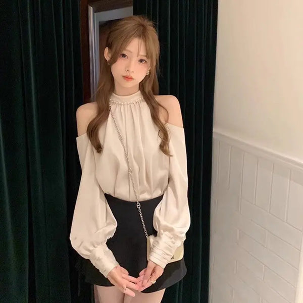 Off Shoulder Blouse Women Long Sleeve Korean Style Sweet Top