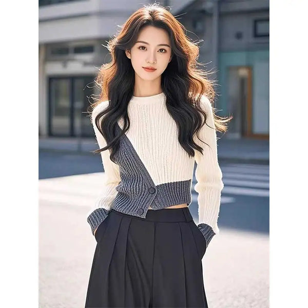 Womens Color Block Knit Pullover Button Front O Neck Office Top