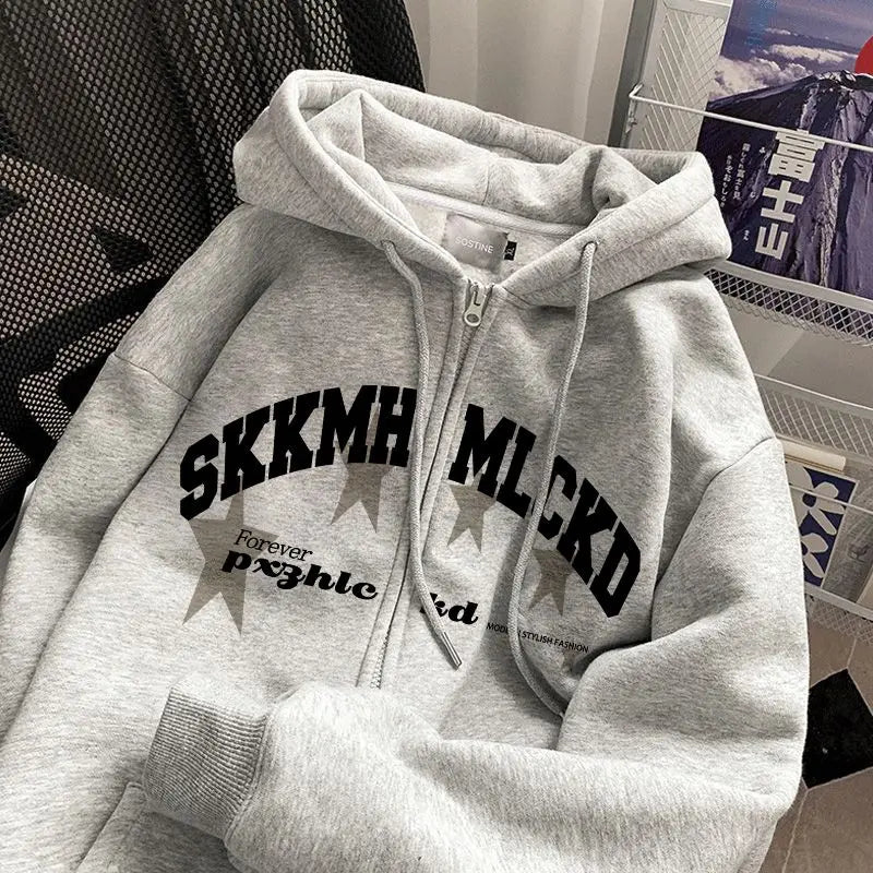Men's Graphic Zip-Up Hoodie with Star Detail Casual Streetwear
