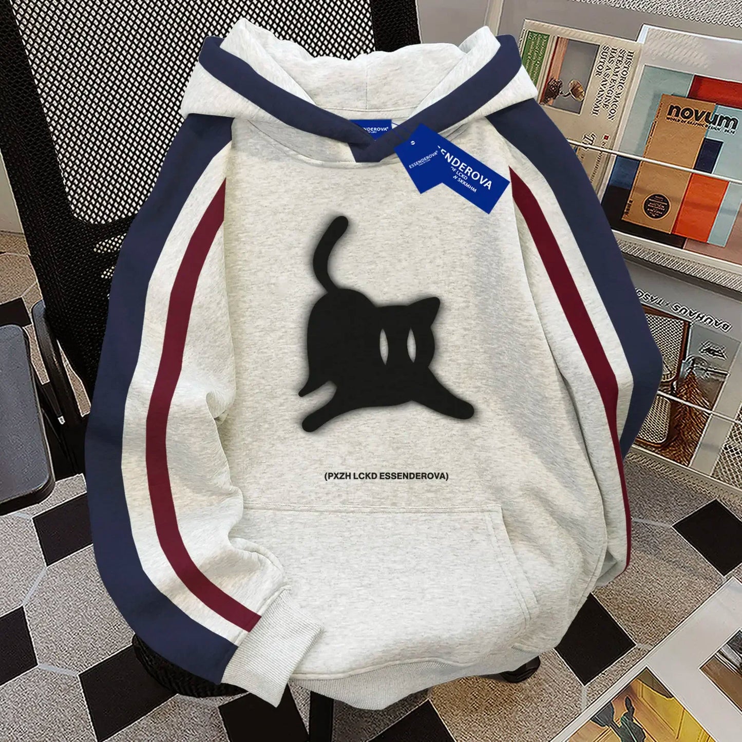Women's White Hoodie with Black Cat Graphic Print Casual Streetwear