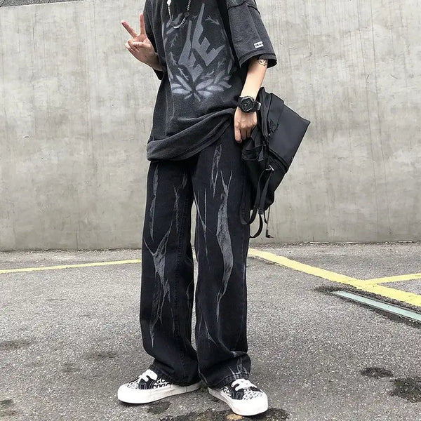 Mens Tie Dye Jeans Wide Leg Gradient Wash Streetwear Dad Fit Denim