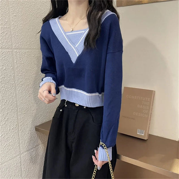Women Color Block Sweater V Neck Layered Loose Knit Top Spring Fall