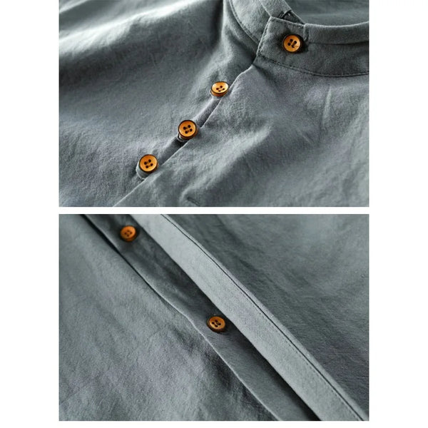 Mens Linen Mandarin Collar Shirt Chinese Style Long Sleeve Tunic