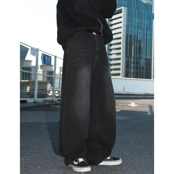 Mens Wide Leg Jeans Distressed Vintage Wash Baggy Denim Straight Fit