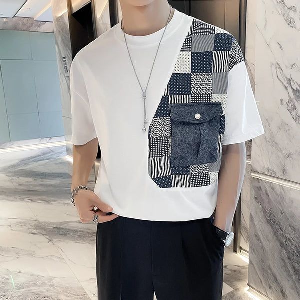 Mens Denim Patchwork Tshirt Cargo Pocket Short Sleeve Cotton Tee