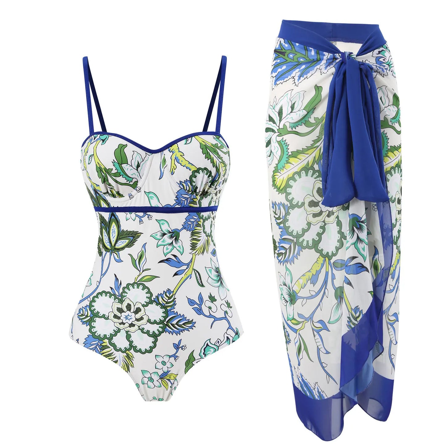 Blue Floral African Swimsuit with Skirt 2025