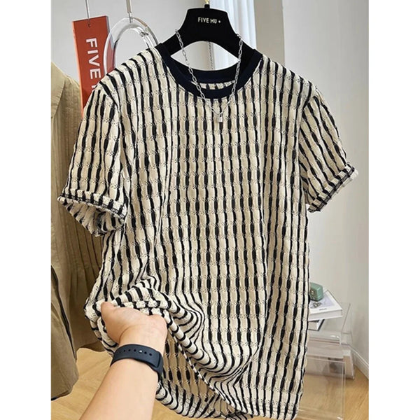 Mens Mesh Stripe Tshirt Cutout Design Short Sleeve Streetwear