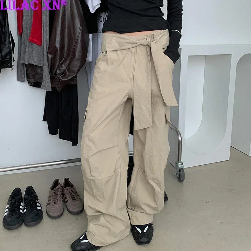 Y2K Khaki Pleated Loose Cargo Sweatpants Women