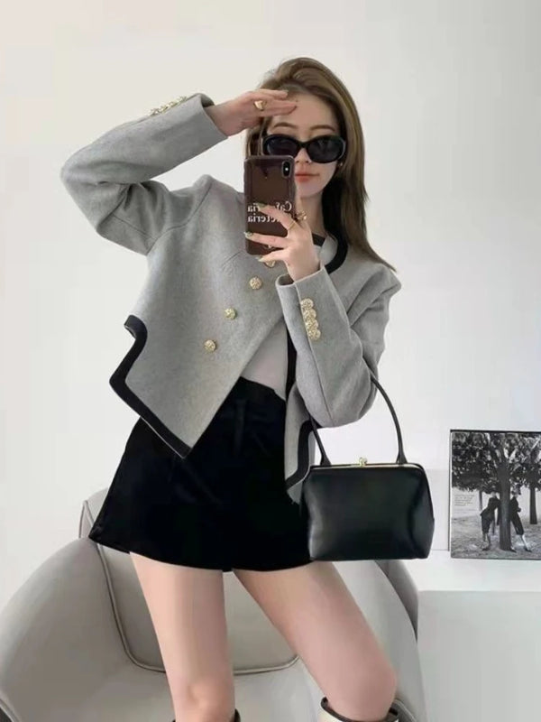 Gray Asymmetric Blazer Women Wool Blend Short Jacket Spring 2025