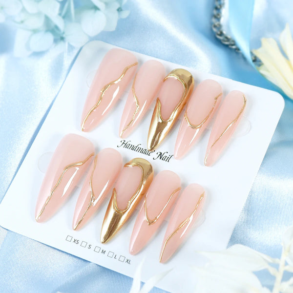 10pcs Gold Metallic 3D Press-On Almond Fake Nails