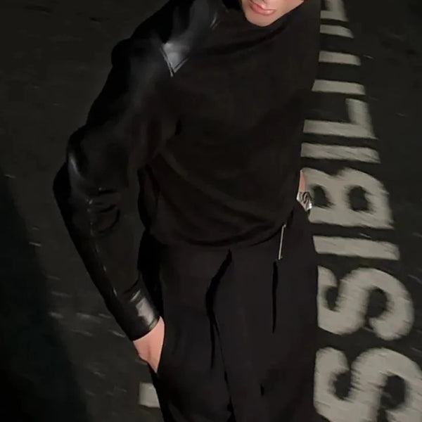 Mens Leather Panel Tshirt Long Sleeve Streetwear Slim Fit Top