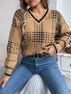 Womens Colorblock V Neck Sweater Lantern Sleeve Striped Knit Top