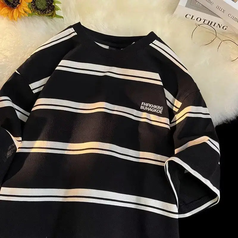 Striped Round Neck T-Shirt Men Harajuku Summer Streetwear