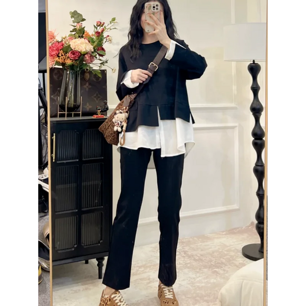 Womens Layered Look Sweatshirt Spliced Design Two Tone Spring Trendy